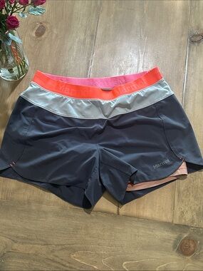 Marmot Grey Athletic Shorts with Coral Waistband and Light Gray Trim
